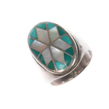 sz10.5 Vintage Zuni silver channel inlay turquoise and shell star ring