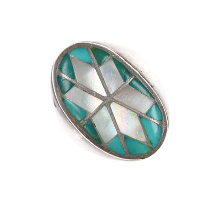 sz10.5 Vintage Zuni silver channel inlay turquoise and shell star ring