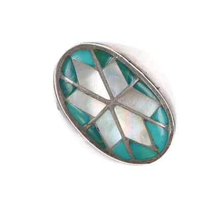 sz10.5 Vintage Zuni silver channel inlay turquoise and shell star ring