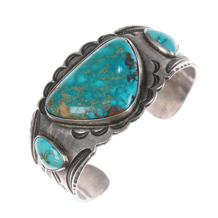 7" 20's-30's Navajo Ingot silver Whirling log High grade turquoise cuff bracelet