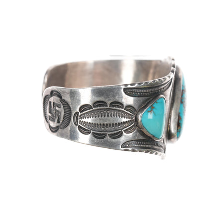 7" 20's-30's Navajo Ingot silver Whirling log High grade turquoise cuff bracelet