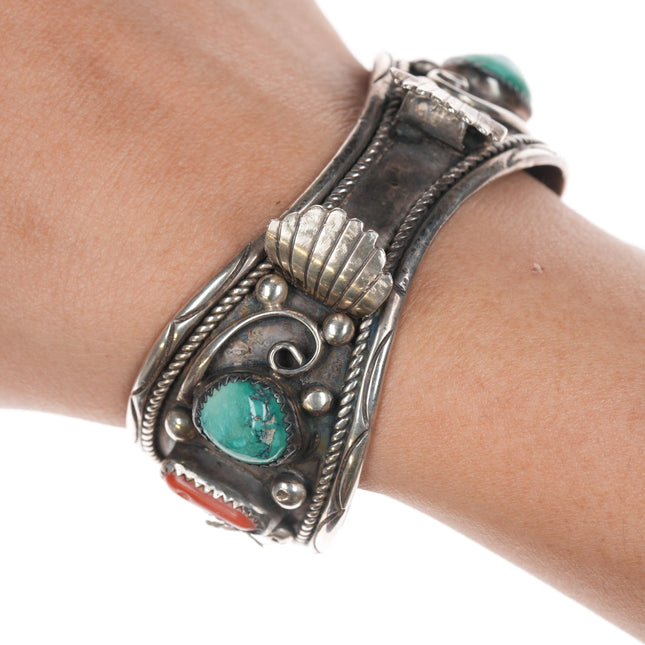 6 1/8" Vintage Navajo sterling watch cuff bracelet with turquoise and coral