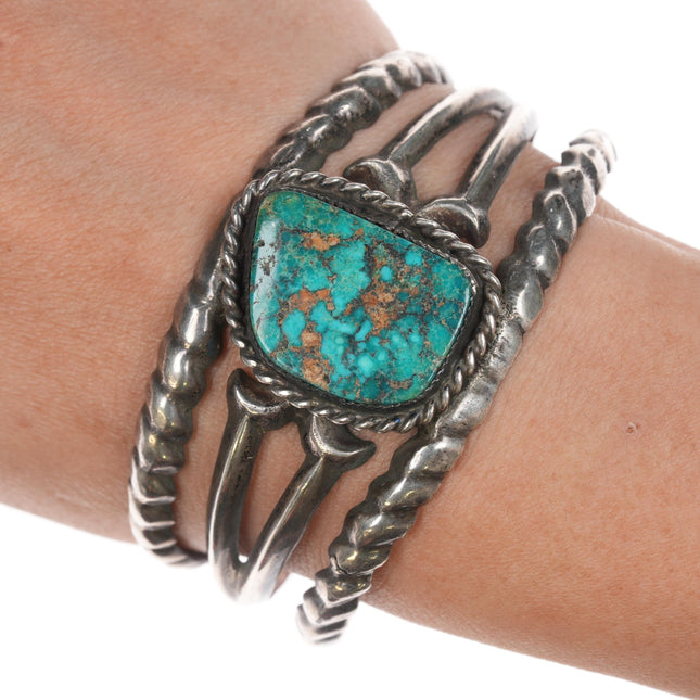 6.5" Old Native American cast silver cuff bracelet with turquoise