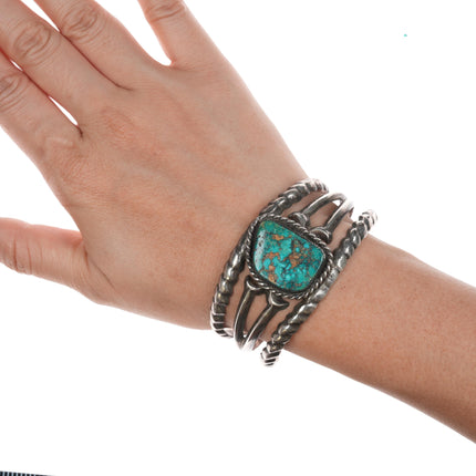 6.5" Old Native American cast silver cuff bracelet with turquoise