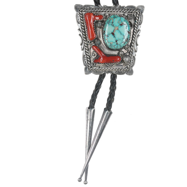 c1970  Begay Navajo sterling, turquoise, and branch coral bolo tie