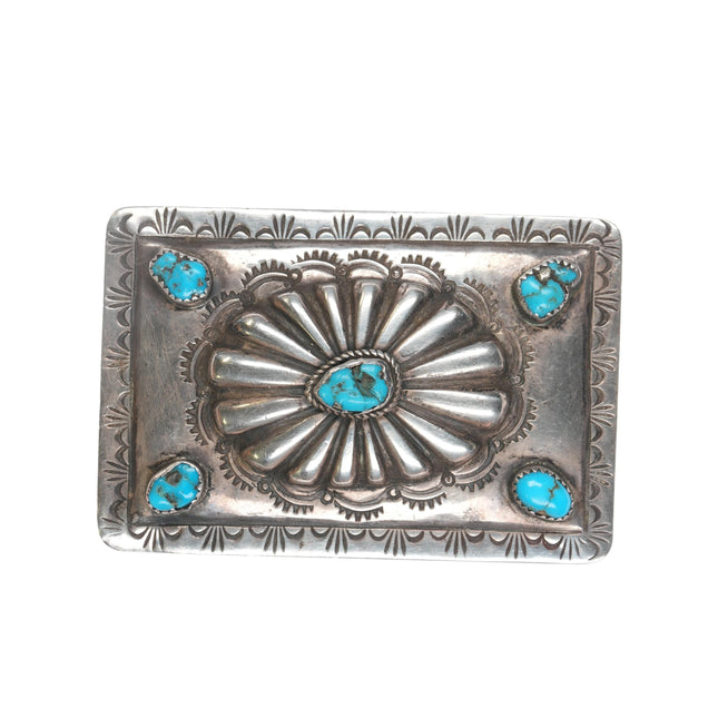 Vintage Navajo hand stamped sterling and turquoise belt buckle