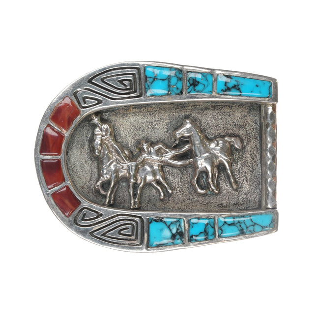 Vintage Southwestern sterling, turquoise, and agate horeshoe belt buckle