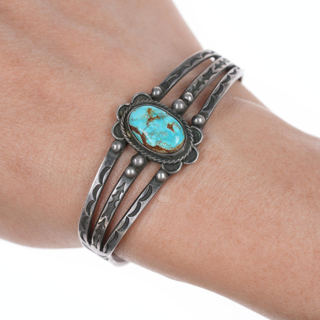 6.25" c1930's Navajo Hand stamped silver cuff bracelet with turquoise