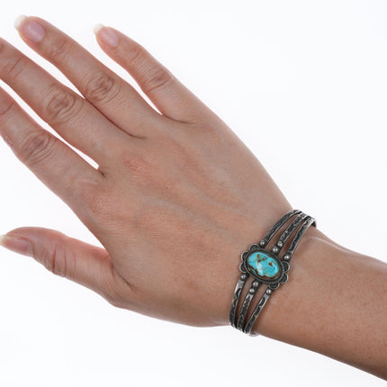 6.25" c1930's Navajo Hand stamped silver cuff bracelet with turquoise