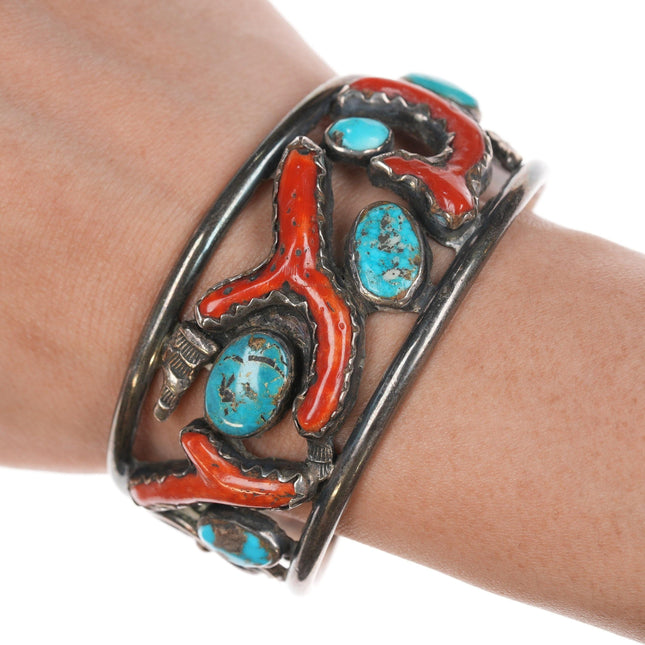 7" Bobby Lujan Taos Pueblo (1922-2012) Sterling, turquoise, and branch coral cuff bracelet