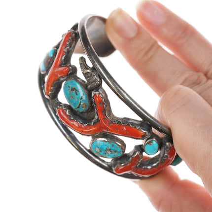 7" Bobby Lujan Taos Pueblo (1922-2012) Sterling, turquoise, and branch coral cuff bracelet