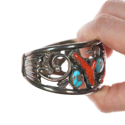 7" Bobby Lujan Taos Pueblo (1922-2012) Sterling, turquoise, and branch coral cuff bracelet