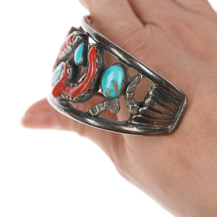 7" Bobby Lujan Taos Pueblo (1922-2012) Sterling, turquoise, and branch coral cuff bracelet