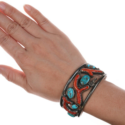 7" Bobby Lujan Taos Pueblo (1922-2012) Sterling, turquoise, and branch coral cuff bracelet