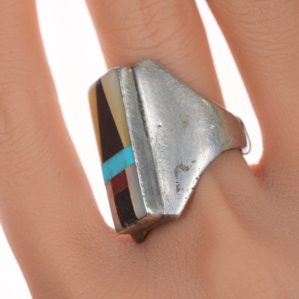 sz9-10 Vintage Zuni silver inlaid ring