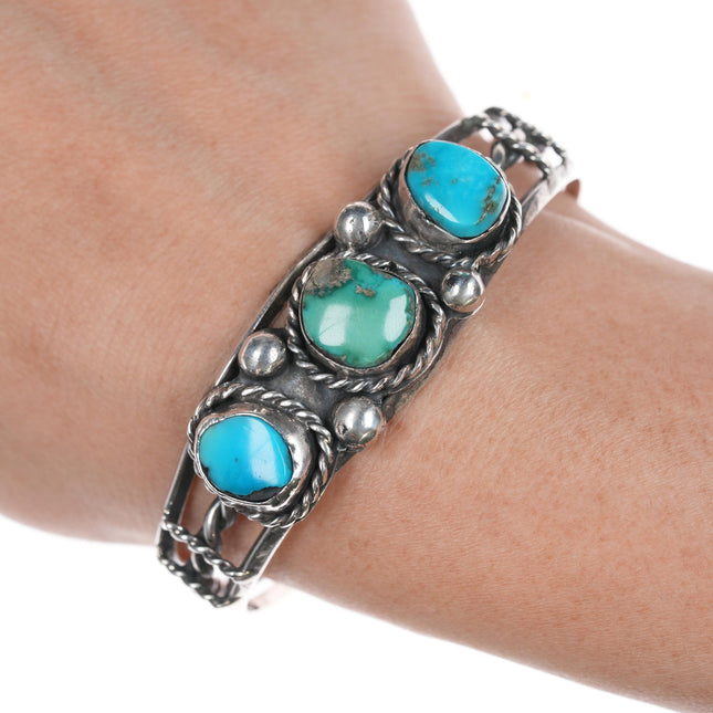 6.25" Vintage Native American silver three stone turquoise cuff bracelet