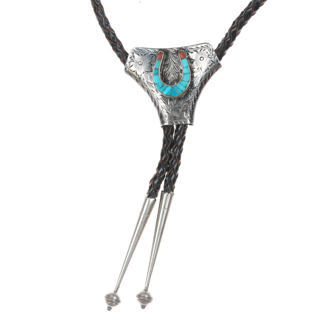 1950's Vic Cedarstaff Bolo Tie Sterling - cobblestone turquoise/coral horseshoe