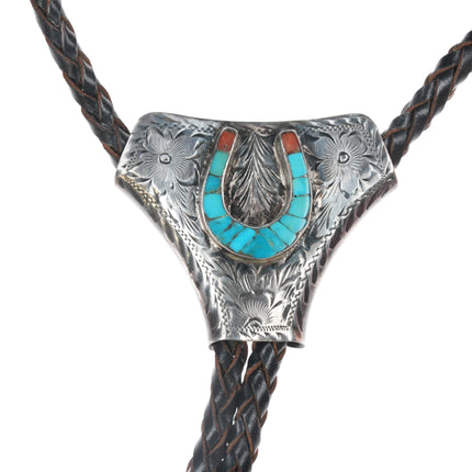 1950's Vic Cedarstaff Bolo Tie Sterling - cobblestone turquoise/coral horseshoe