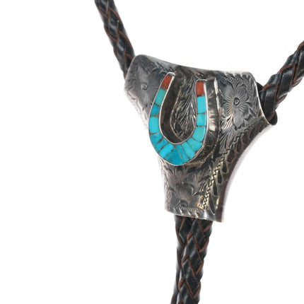 1950's Vic Cedarstaff Bolo Tie Sterling - cobblestone turquoise/coral horseshoe