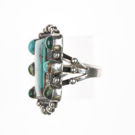 sz7.5 Vintage Native American silver ring with turquoise cluster edge