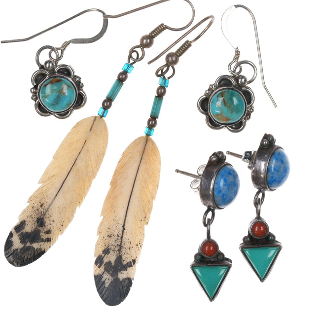 3pr Southwestern sterling, turquoise, and other stone earrings