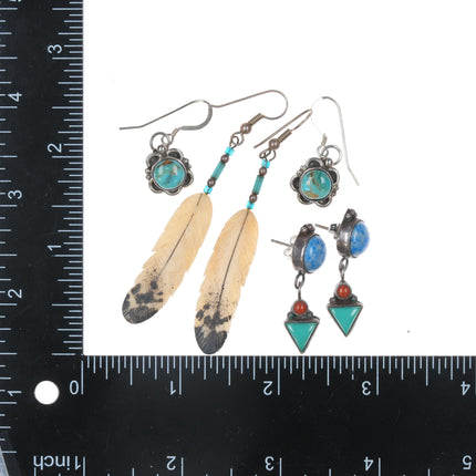 3pr Southwestern sterling, turquoise, and other stone earrings