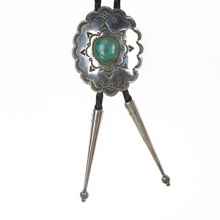 Vintage Navajo Hand stamped silver bolo tie with nice turquoise