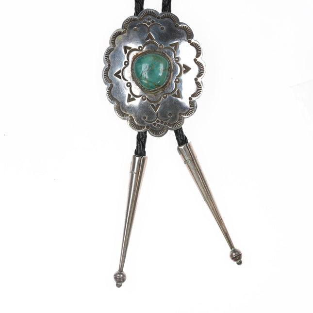 Vintage Navajo Hand stamped silver bolo tie with nice turquoise