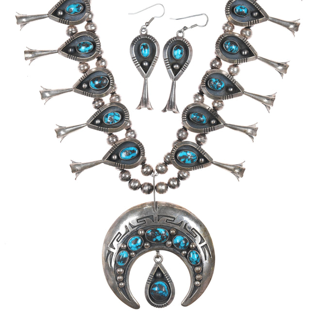 Tom Bahe Navajo (1924-2006) Sterling-Bisbee turquoise squash blossom necklace