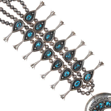 Tom Bahe Navajo (1924-2006) Sterling-Bisbee turquoise squash blossom necklace