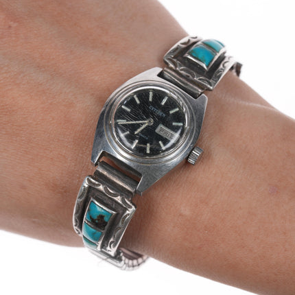 6.25"-7" Zuni sterling channel inlay turquoise watch with Citizen automatic