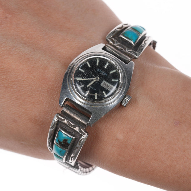 6.25"-7" Zuni sterling channel inlay turquoise watch with Citizen automatic