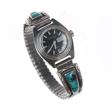 6.25"-7" Zuni sterling channel inlay turquoise watch with Citizen automatic