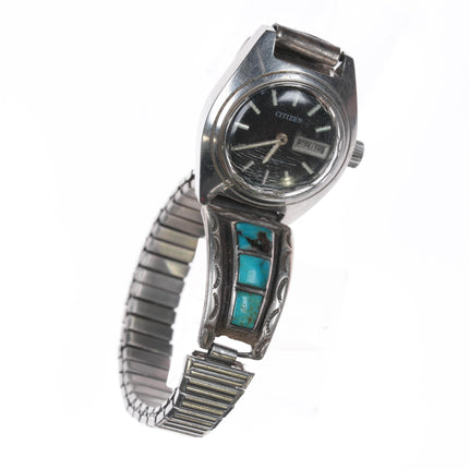 6.25"-7" Zuni sterling channel inlay turquoise watch with Citizen automatic