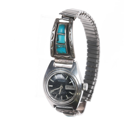 6.25"-7" Zuni sterling channel inlay turquoise watch with Citizen automatic