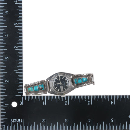 6.25"-7" Zuni sterling channel inlay turquoise watch with Citizen automatic