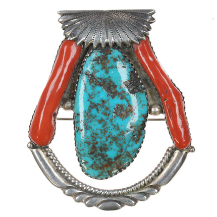 Robert and Bernice Leekya Zuni Sterling turquoise and branch coral pendant/pin