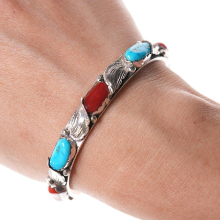 6 3/8" Carmelita and Dan Simplicio  Zuni Sterling, turquoise, and coral bracelet