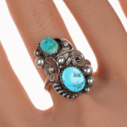 sz9.25 Vintage Native American silver and double turquoise ring