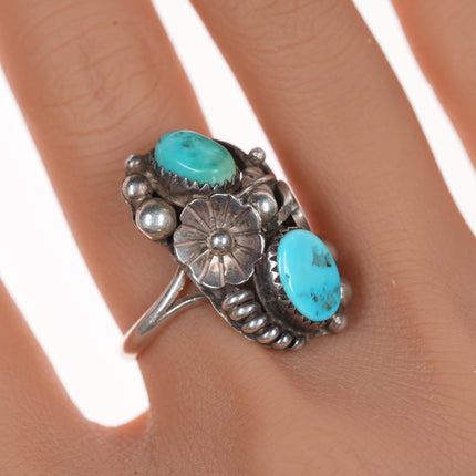 sz9.25 Vintage Native American silver and double turquoise ring