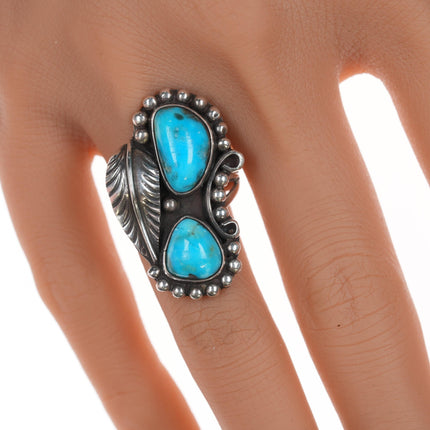 sz6.75 Vintage Native American silver and turquoise double stone ring