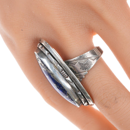 Sz 8 Les Baker (1935-2014) Silver and high pyrite lapis ring