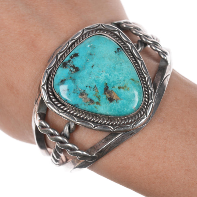 6.5" Vintage Large turquoise hand stamped sterling cuff braclelet