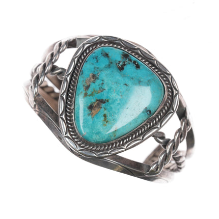 6.5" Vintage Large turquoise hand stamped sterling cuff braclelet