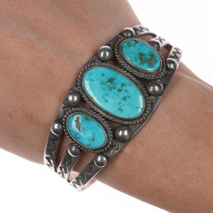 6 5/8" 40's-50's Navajo Hand stamped silver triple turquoise cuff bracelet