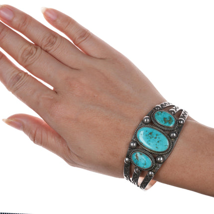 6 5/8" 40's-50's Navajo Hand stamped silver triple turquoise cuff bracelet