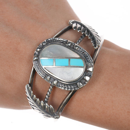 6" Vintage Native American sterling- turquoise/shell channel inlay cuff bracelet