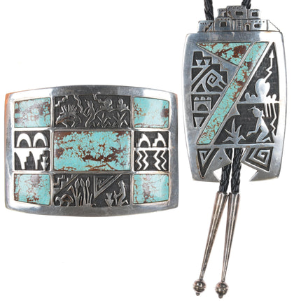 Gene Pooyouma Hopi #8 Turquoise sterlng overlay bolo and belt buckle set