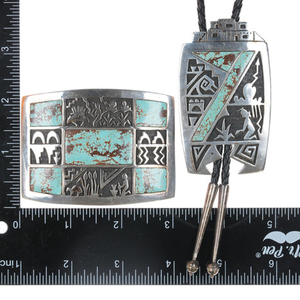 Gene Pooyouma Hopi #8 Turquoise sterlng overlay bolo and belt buckle set