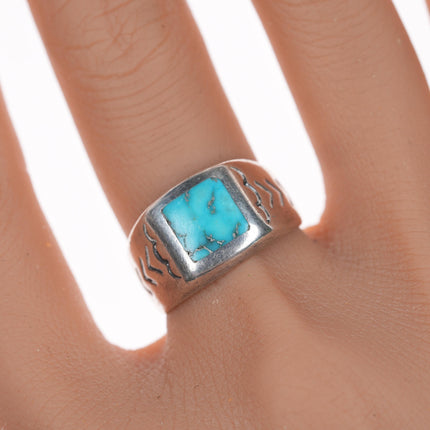 sz8 Vintage Native American silver flush inlay turquoise ring